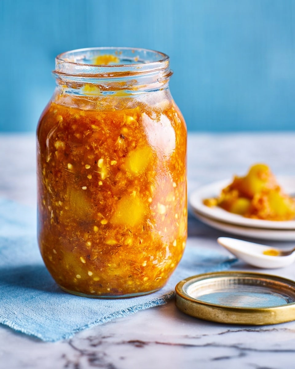 A clear glass jar filled with chunky orange-red mixture that has visible spices and small chopped garlic pieces, layered with yellow potato chunks inside the jar. The jar is placed on a light blue surface with its metal lid off to the side. In the background, there is a white plate holding a folded piece of flatbread covered in some of the same orange-red mixture with a white spoon resting on the plate. The scene is set against a soft blue backdrop. Photo taken with an iphone --ar 4:5 --v 7