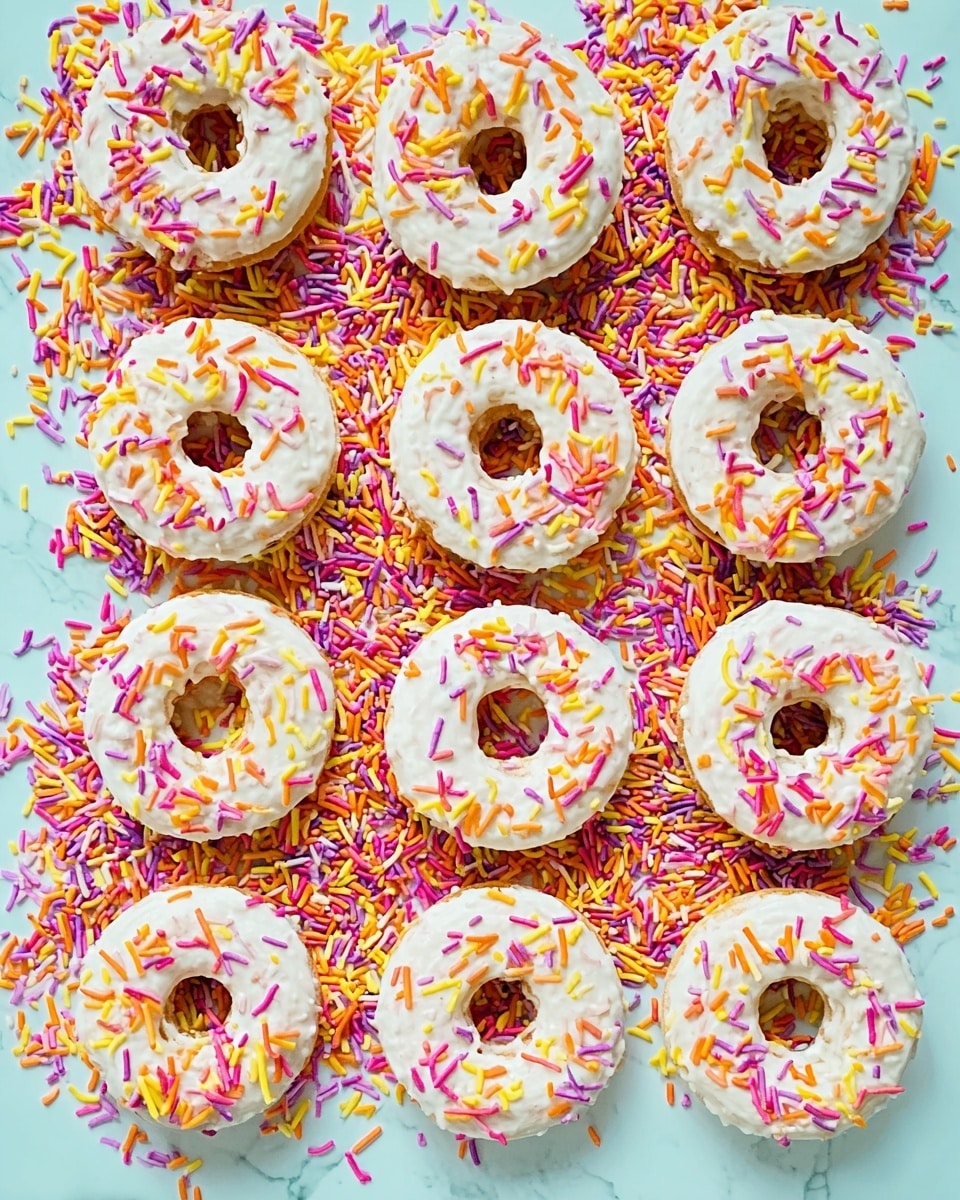 Twelve white frosted donuts with colorful sprinkles are lined up close together on a light blue surface. Each donut is thickly coated with white icing and covered evenly with small, multicolored sprinkles in shades of red, yellow, blue, and pink. The sprinkles are scattered around the donuts, making a dense, vibrant border all around. The smooth icing looks shiny and creamy, contrasting with the sharp, tiny sprinkles. The whole scene is bright and lively, with a playful feel. photo taken with an iphone --ar 4:5 --v 7