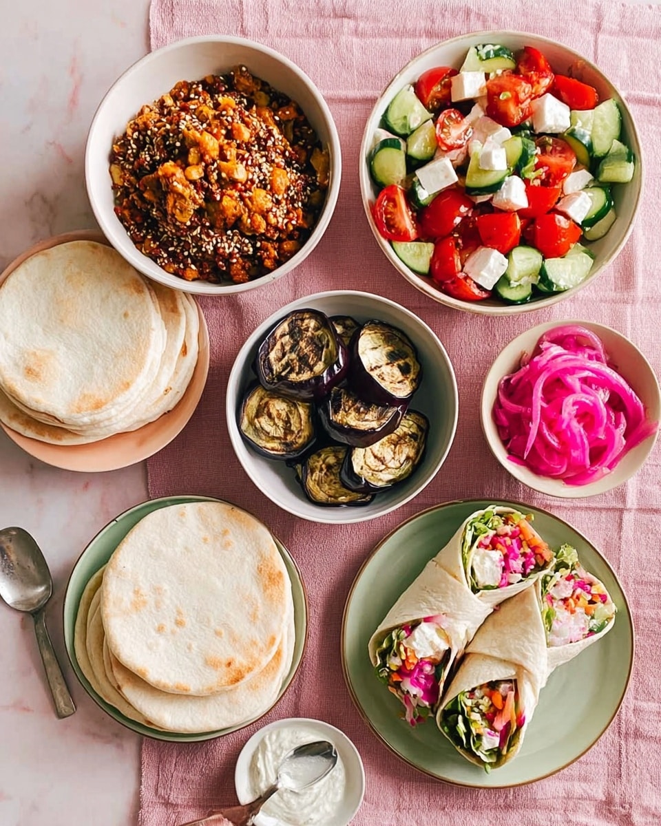 The image shows a meal with several white round bowls and plates arranged on a soft pink cloth over a white marbled surface. A white plate at the bottom center holds two layered pita sandwiches filled with colorful vegetables like white cauliflower, red radishes, yellow peppers, and green zucchini. To the left, three pieces of pale beige pita bread rest on the pink cloth. Surrounding the main plate, five white bowls contain different dishes: at the top left, a thick orange and brown dip with seeds; top right, a fresh salad with chopped green cucumbers, red tomatoes, and white cheese; middle left, a bowl of pink pickled radishes and white cauliflower; middle right, slices of grilled light brown eggplant. At the bottom left, a small white bowl holds a smooth white sauce with a spoon. A woman’s hand is reaching toward the bowl of sauce. photo taken with an iphone --ar 4:5 --v 7