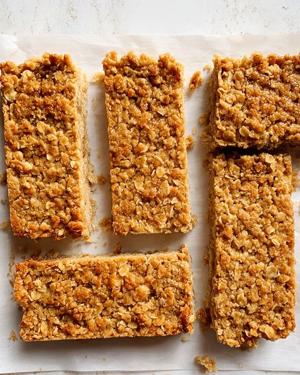 The image shows a close-up of six rectangular oat bars arranged on a white marbled surface, with three bars fully separated at the top and three still attached at the bottom edge. The oat bars have a rough texture with visible oats and a golden brown color, indicating they are baked. Crumbs are scattered lightly around the bars on the surface. The bars appear thick and evenly cut with slightly uneven edges. photo taken with an iphone --ar 4:5 --v 7