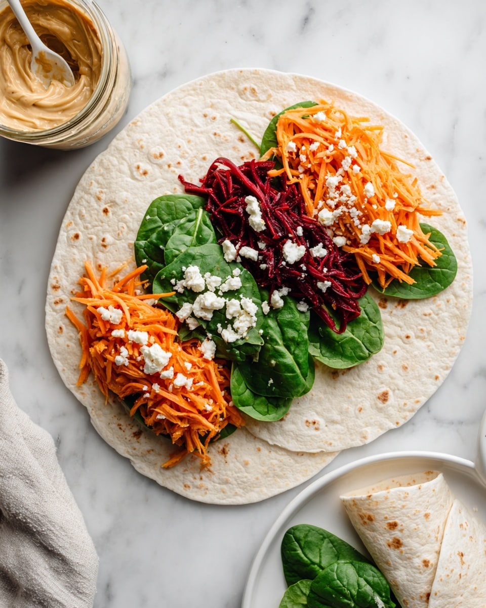 A white tortilla laid flat on a white marbled surface with three main layers of filling arranged side by side: dark red shredded beets on the left, bright orange shredded carrots in the middle, and fresh green spinach leaves on the right, topped with small white crumbles of cheese. There is a creamy light beige spread under all the fillings, visible on the tortilla base. A white spoon rests partly on the tortilla and partly on the surface. Nearby, a folded white tortilla with the same filling is placed on a white plate, also on the white marbled background. A glass jar filled with the same light beige spread sits beside the plate. Photo taken with an iphone --ar 4:5 --v 7
