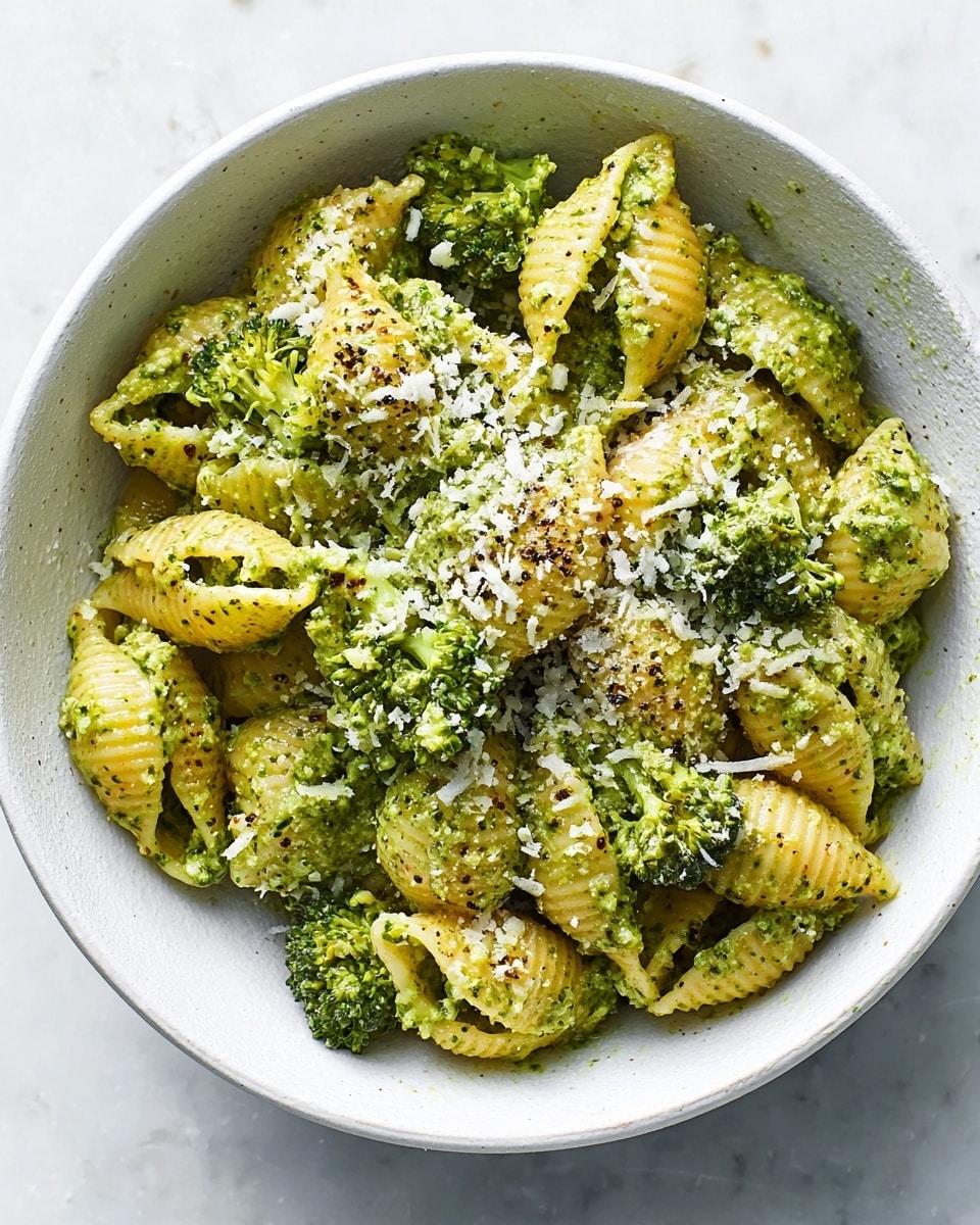 A white bowl filled with large shell pasta coated in a green pesto sauce, mixed with small pieces of broccoli that have a slightly charred texture. The pasta shells are well covered with the sauce, showing a rough texture from the pesto, and topped with a light sprinkling of grated cheese that adds a soft white layer on top. The bowl sits on a white marbled surface with natural light highlighting the fresh green and yellow tones of the dish, creating a fresh and appetizing look. Photo taken with an iphone --ar 4:5 --v 7