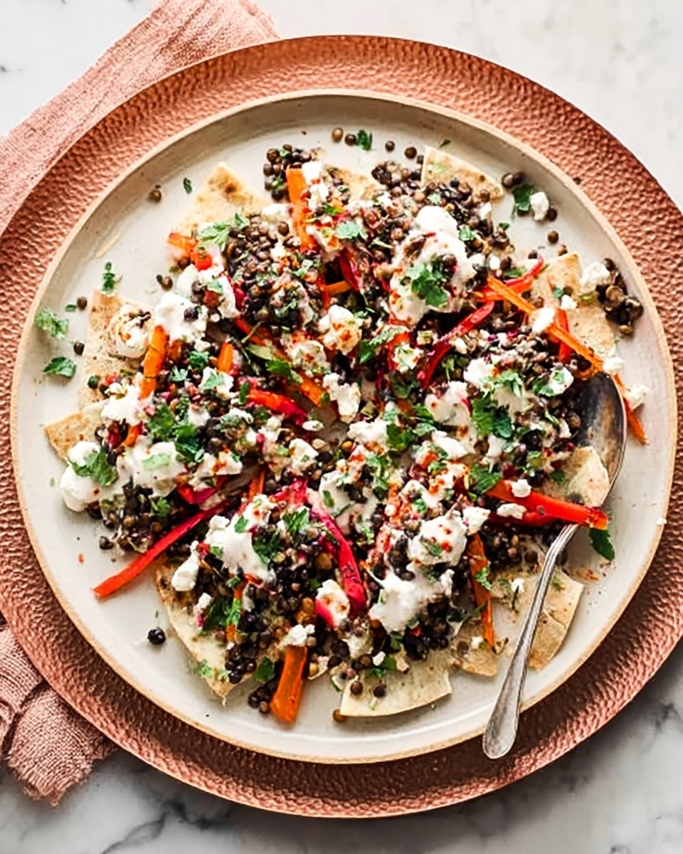 A white plate holds a layered dish starting with torn, light golden toasted pieces spread out as the base. On top, there is a colorful mix of dark lentils, bright red roasted pepper strips, small bits of orange carrot, chopped green herbs, and scattered white crumbled cheese. A silver spoon rests on the right side of the plate with some sauce drizzled over the dish in thin white lines. The plate is set on a round, textured copper tray placed over a light beige cloth on a white marbled surface. Photo taken with an iphone --ar 4:5 --v 7