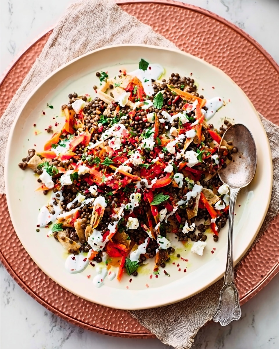 A round white plate holds a colorful layered dish with a base of torn, light beige flatbread pieces. On top, there is a mix of dark green and black lentils, small bright orange carrot sticks, and thin slices of red bell pepper. The layers are topped with scattered crumbles of white cheese and fresh green herbs. A creamy white sauce is drizzled over the dish. A silver spoon rests on the plate's edge. The plate is set on a textured copper tray and a light beige cloth, all on a white marbled surface. Photo taken with an iphone --ar 4:5 --v 7