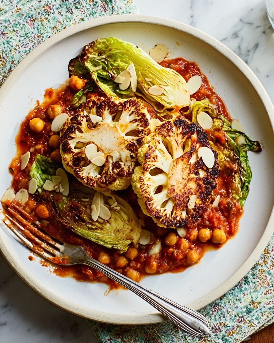 The dish is served on a white plate, placed on a white marbled textured surface with a patterned cloth underneath. It features two thick, golden-brown slices of roasted cauliflower with charred edges, lying on top of a rich, red tomato sauce with visible chickpeas scattered throughout. Around the cauliflower, there are small grilled green cabbage pieces, slightly browned on the edges. The dish is topped with a few slices of slivered almonds, adding texture and light beige color contrast. A silver fork rests on the left side of the plate, partly touching the food, and a knife with a light wooden handle on the right side. Photo taken with an iphone --ar 4:5 --v 7