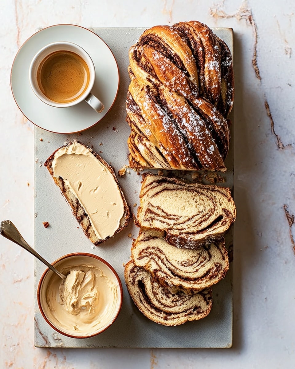 The image shows a twisted loaf of bread with a shiny, brown crust and white icing drizzled over it, placed on a gray cutting board on a white marbled surface. Next to the loaf, there are three slices of the same bread showing a soft, light inside with swirls of cinnamon. A single slice of bread, spread with a creamy, light butter, lies below the slices. A small white cup of espresso with a silver spoon rests at the top left corner. A small silver dish holding more creamy butter and a butter knife with a white handle is placed near the bottom left. The lighting is bright and natural, making the textures clear. photo taken with an iphone --ar 4:5 --v 7