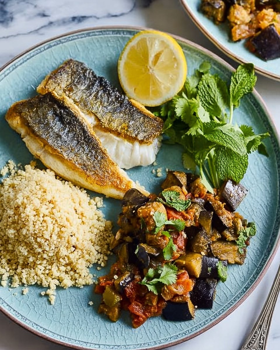 The image shows a white round plate with three main sections: in the top left, there is a piece of grilled fish with crispy, dark brown skin on one side, and lighter cooked flesh visible around the edges, topped with a small bunch of fresh green cilantro. Next to it on the right side is a bright yellow lemon cut in half, placed facing up. Below the fish and lemon, on the lower right side, is a colorful mix of diced vegetables including deep purple eggplant, golden brown bits, and garnished with small green mint leaves. The bottom left part of the plate has a fluffy pile of light beige couscous grains. The plate rests on a white marbled surface next to a fork. Photo taken with an iphone --ar 4:5 --v 7