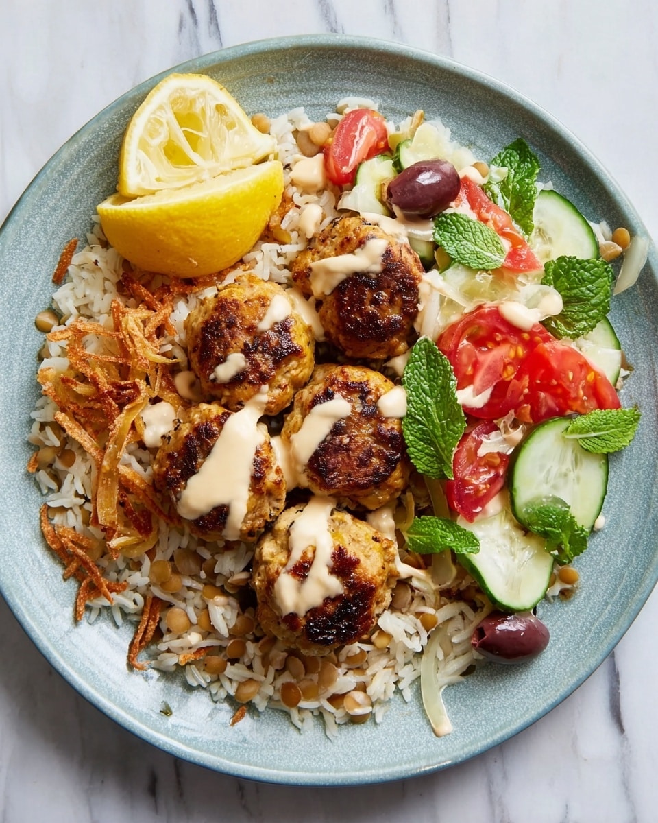 A round white plate on a white marbled surface holds a vibrant meal with three main parts. On the left side, there is a small wedge of lemon with a bright yellow color. Next to it, the bottom layer is a mix of beige rice and light brown lentils, with a few thin crispy golden-brown fried onions scattered on top. Above the rice and onions, there are four golden-brown meatballs drizzled evenly with a creamy, light tan sauce. On the right side of the plate, there is a fresh vegetable salad with bright red tomato slices, light green cucumber slices, small dark purple olives, and fresh green mint leaves scattered on top and around. Photo taken with an iphone --ar 4:5 --v 7