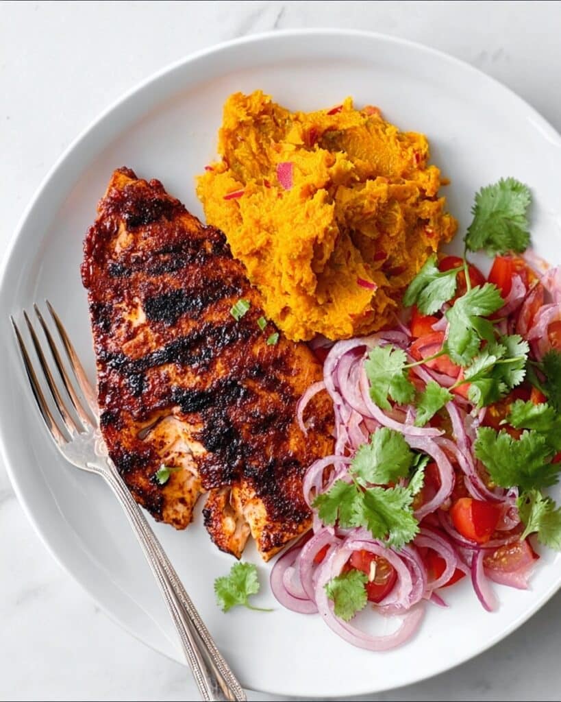 Tandoori Tilapia with Spicy Sweet Potato Mash and Tomato Salad Recipe