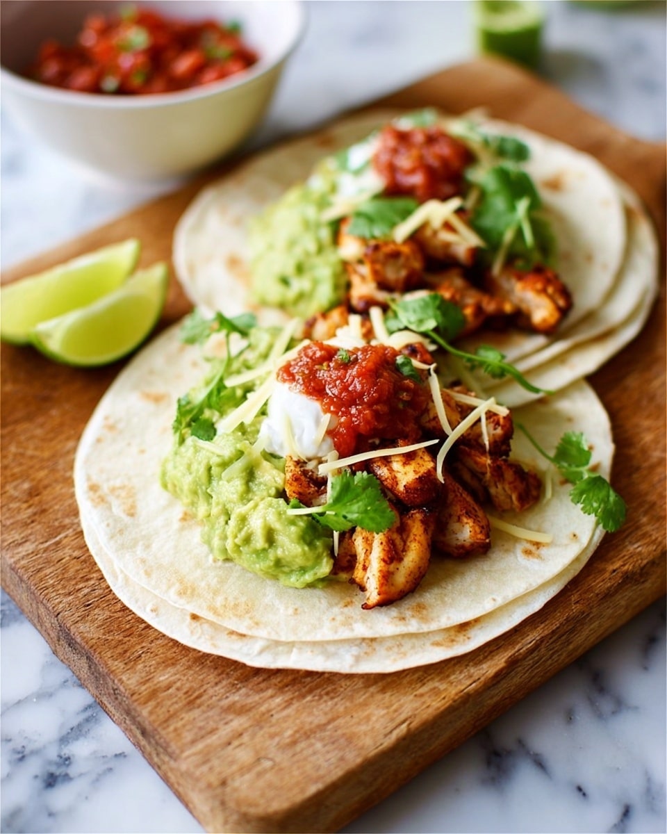 The image shows a soft white tortilla flat on a wooden board, topped with three layers of ingredients. The bottom layer is bright green guacamole spread evenly, followed by a middle layer of grilled golden-brown chicken pieces. On top of the chicken, there are dollops of white sour cream, small shredded pale yellow cheese, and red salsa. A halved lime sits on one side of the tortilla, and a few fresh green cilantro leaves are placed across the top. In the background, there is a white bowl with red salsa on a white marbled surface. Photo taken with an iphone --ar 4:5 --v 7