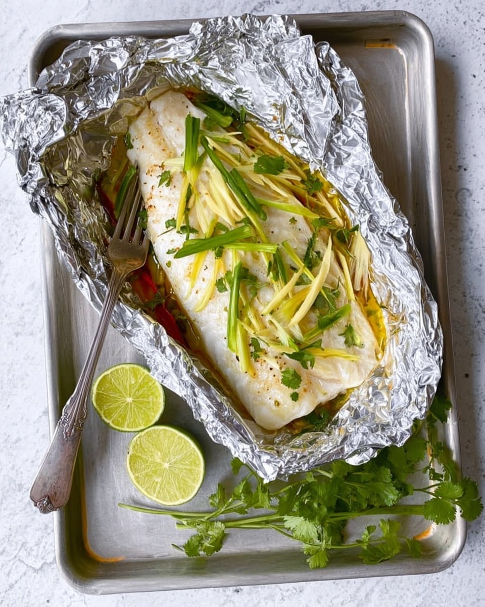 The image shows a silver baking tray with a foil packet opened to reveal a cooked fish fillet. The fish is topped with thin, light green strips that look like sliced scallions or ginger. Under the fish, there are wide green leafy vegetables creating a base layer. Next to the foil packet, there is a cut lime wedge and a silver fork resting on the tray. On the right side of the tray, there is a bunch of fresh green herbs. The whole setup is on a white marbled surface. photo taken with an iphone --ar 4:5 --v 7