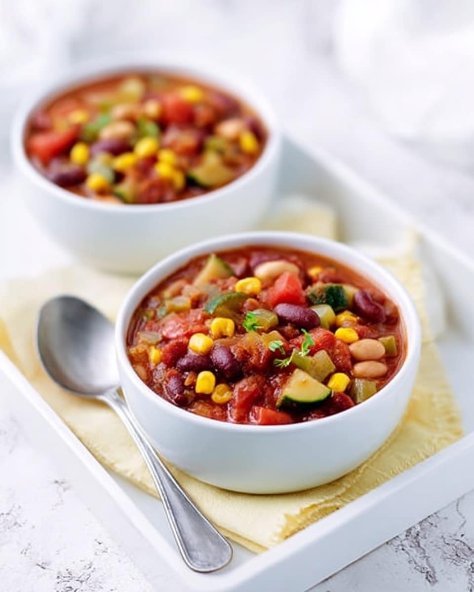 The image shows two white bowls filled with a colorful chili dish placed on a white tray with a soft yellow cloth underneath the front bowl. The chili has several visible layers including bright yellow corn kernels, deep red kidney beans, chunks of green bell pepper, soft red tomato pieces, and white beans, all mixed in a thick tomato-based sauce with a rich red-orange color and a slightly chunky texture. Next to the front bowl is a silver spoon resting on the tray, with a white marbled surface underneath. In the background, some fresh green herbs add a touch of freshness. The photo taken with an iphone --ar 4:5 --v 7