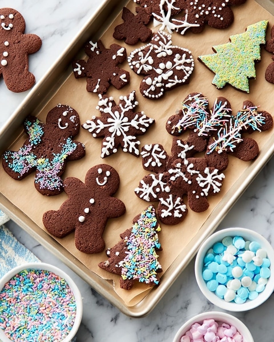 A white tray on a white marbled surface holds several chocolate cookies shaped like snowflakes, Christmas trees, and a gingerbread person, all decorated with colorful sugar sprinkles and white icing patterns. There are two white bowls on the tray, one filled with multicolored star-shaped sprinkles and the other with white round sprinkles. The cookies have different textures: some have smooth icing lines, others are covered in tiny colorful beads. Scattered around the tray are loose sprinkles matching those in the bowls. A woman's hand is reaching toward the gingerbread person cookie. Photo taken with an iphone --ar 4:5 --v 7