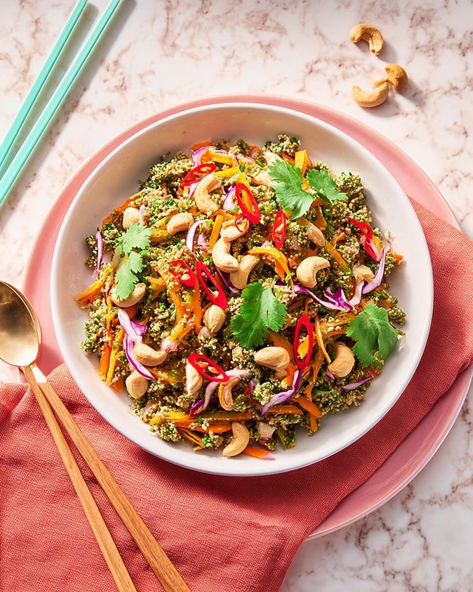 A white bowl filled with a mixed salad that has a base of small green crumbly pieces, likely chopped vegetables or herbs. Mixed into this base are thin, curly carrot strips in bright orange, thin slices of red bell pepper, and thin rings of red onion. The salad is topped with whole cashew nuts and scattered fresh green cilantro leaves. Some thin slices of red chili pepper add a pop of red on top. The bowl sits on a white marbled surface with a pair of chopsticks next to it, and a coral red cloth napkin is placed nearby. photo taken with an iphone --ar 4:5 --v 7
