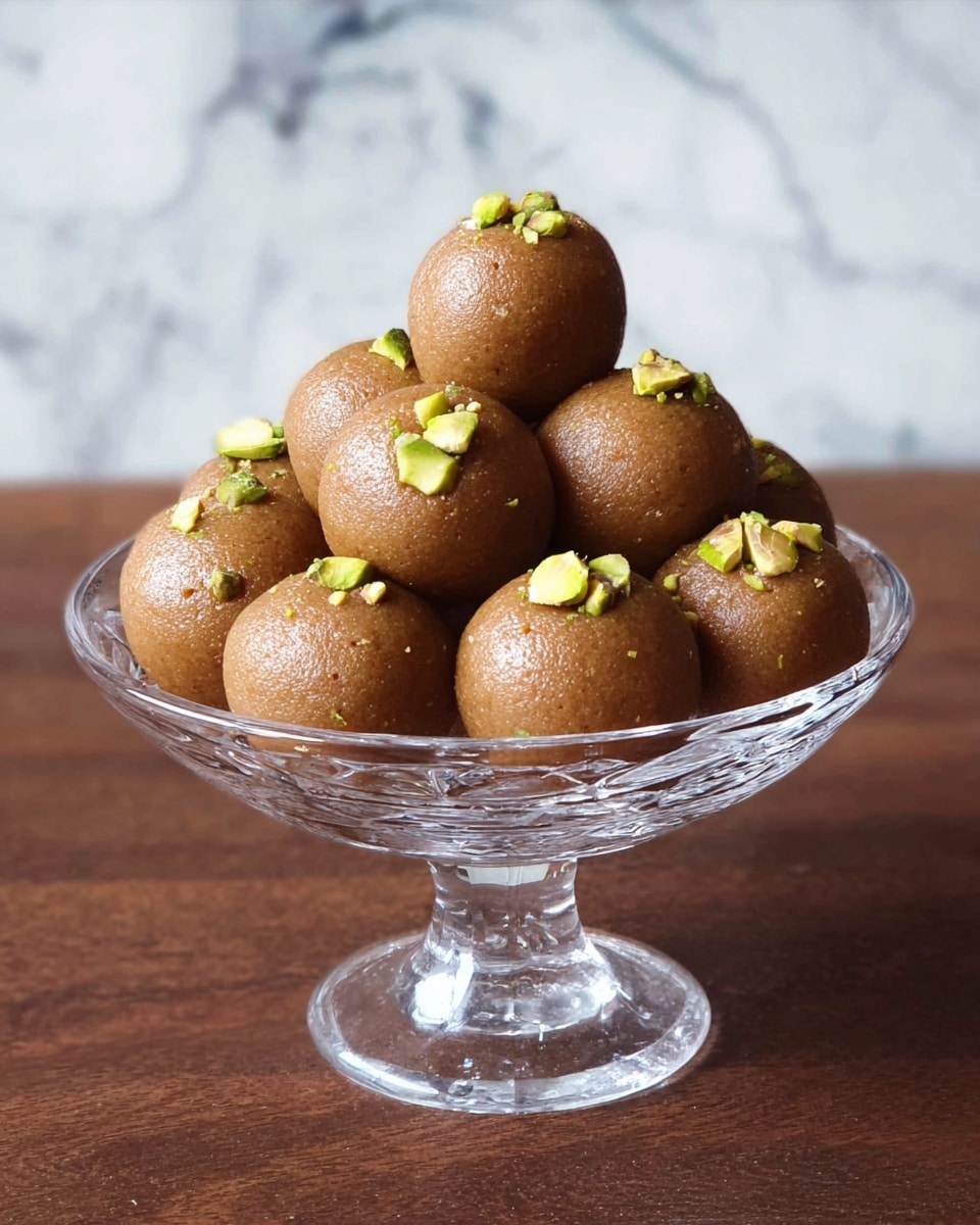 A clear glass bowl holds a pile of round, light brown sweets with a smooth texture and a few small cracks. Each sweet is topped with small pieces of green pistachio nuts pressed into the center at the top. The sweets are stacked in a pyramid shape, three layers high, with the top layer having one sweet placed on three below it, and the bottom layer holding the rest. The bowl sits on a white marbled surface, creating a simple and clean background. photo taken with an iphone --ar 4:5 --v 7