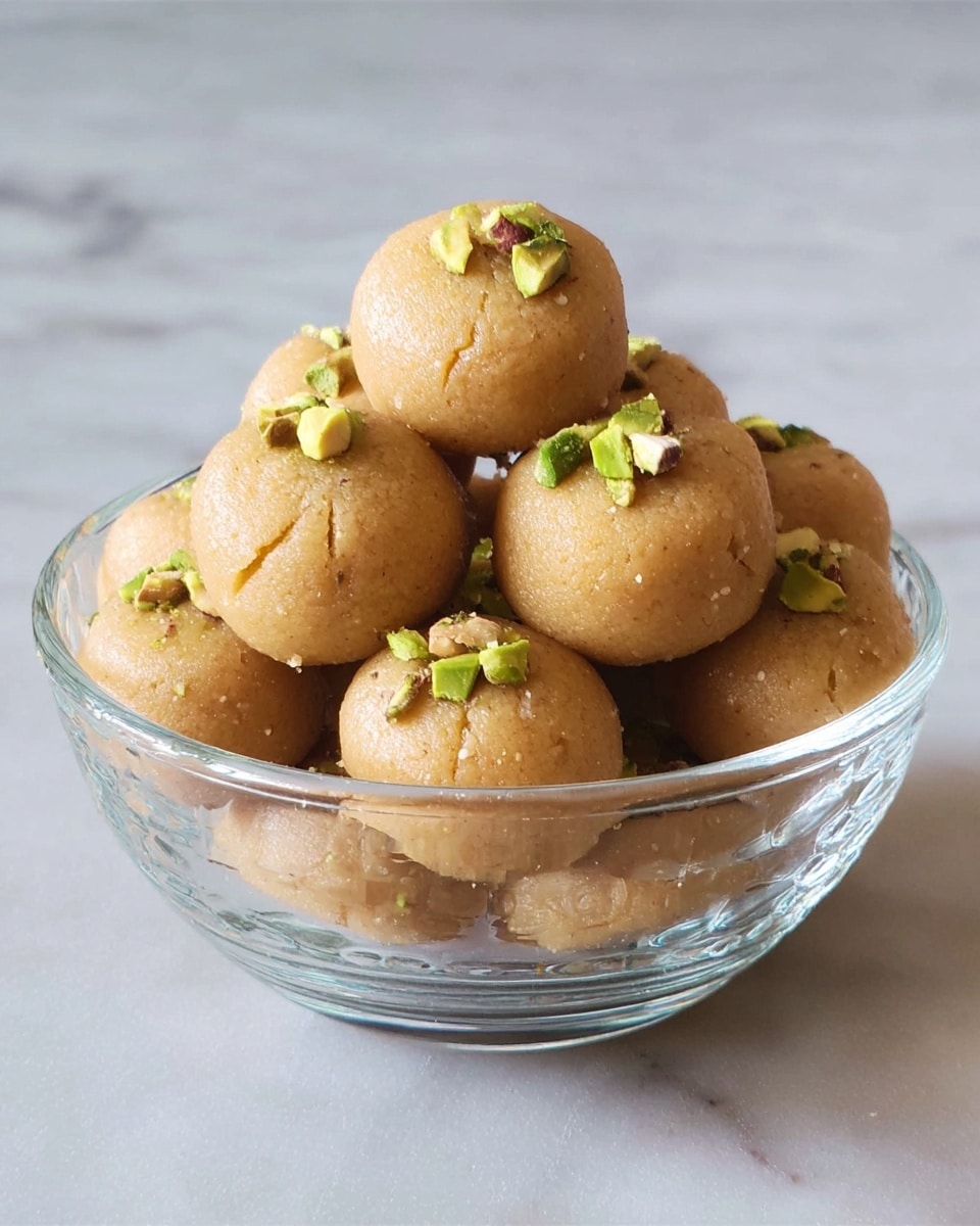 A clear glass pedestal bowl holds a pyramid of small round brown sweets, each topped with small green pistachio pieces in the center. The sweets have a smooth and slightly shiny texture, arranged in three visible layers, with five at the base, four in the middle, and two on top. The bowl sits on a dark wooden surface replaced by a white marbled texture. photo taken with an iphone --ar 4:5 --v 7
