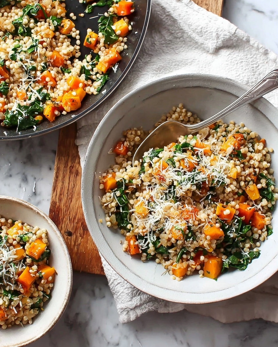 A white bowl filled with a grain salad composed of three main layers: at the base, small beige barley grains mixed evenly throughout; the middle layer shows bright orange cubed butternut squash pieces spread uniformly; the top layer garnished with fresh green kale leaves mixed into the grains and squash, sprinkled with finely grated white cheese and black pepper. In the background, a black pan on a light-colored cloth holds more of the same salad with a silver spoon resting inside, all set on a white marbled surface. Photo taken with an iphone --ar 4:5 --v 7