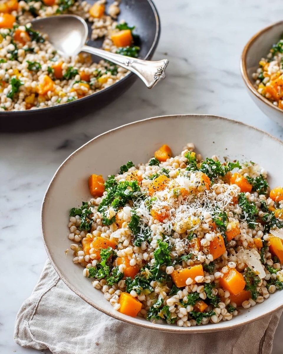The image shows a bowl and a pan filled with a mixed grain and vegetable dish. The bowl, which is white and round with a slightly rough texture, contains the finished dish made of small beige grains, bright orange cubes of squash, and green leafy vegetables. The pan, a large black metal skillet, holds more of the dish with a silver spoon resting inside. The grains and vegetables are scattered evenly, showing a mix of textures with the grains soft and the vegetables firm. The background is a white marbled surface with a wooden board and white cloth underneath the pan. Light shredded cheese tops the grains in the bowl. Photo taken with an iphone --ar 4:5 --v 7