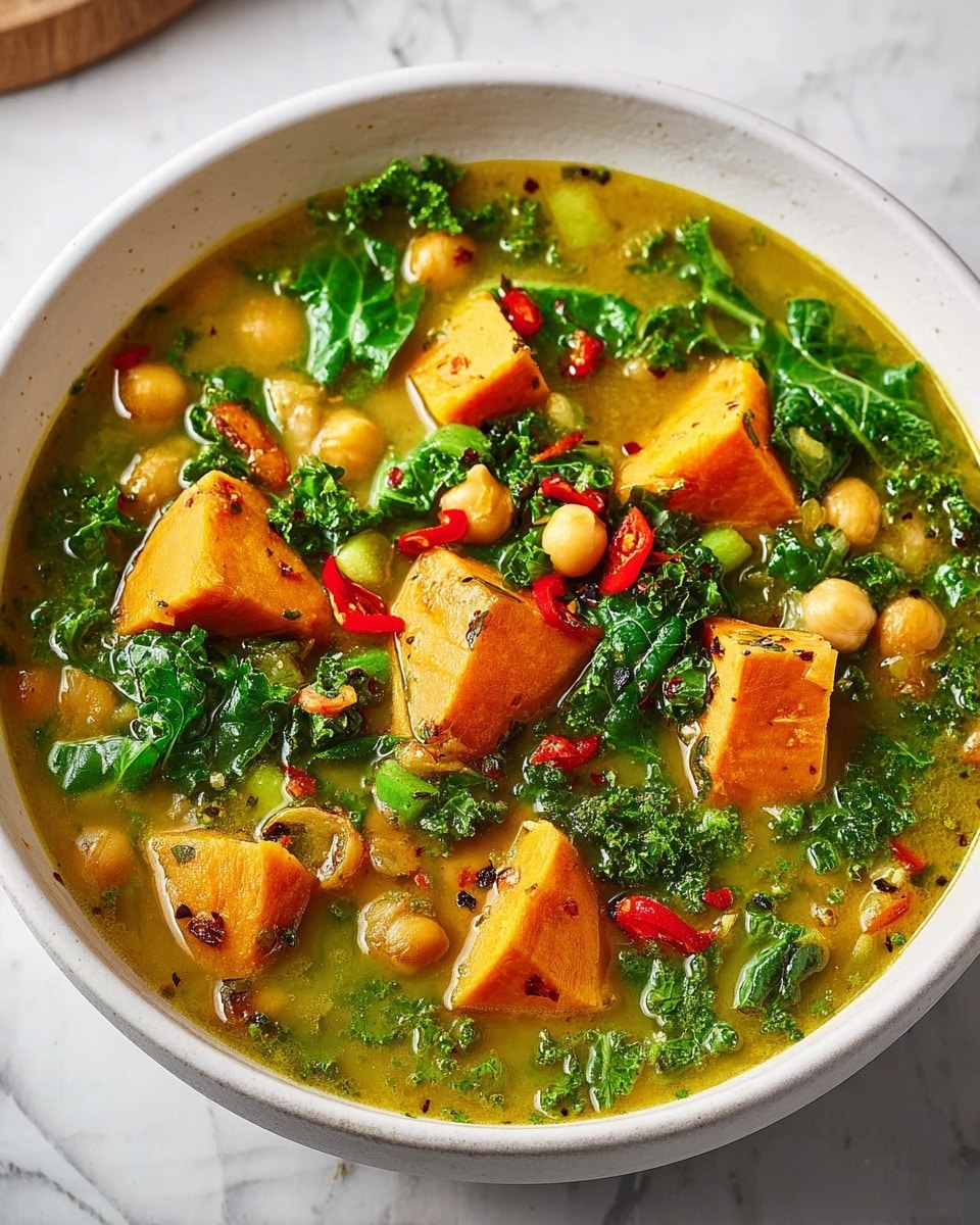 The image shows a white bowl filled with a creamy yellow broth that holds several large orange chunks, likely sweet potato, scattered on top. There are many round beige chickpeas mixed throughout the soup, along with bright green leafy pieces, possibly kale, adding a fresh texture. Small red chili or pepper bits are sprinkled across the surface, giving a pop of color. The bowl is placed on a white marbled surface, and partially visible lime wedges are in the top left corner. Some wooden kitchen tools and extra chopped red pieces are seen around the bowl. Photo taken with an iphone --ar 4:5 --v 7