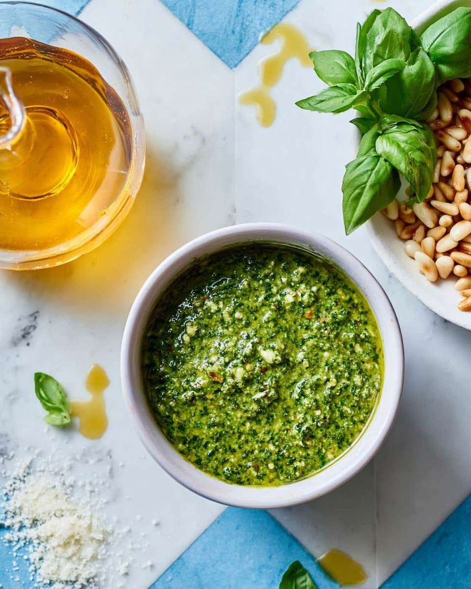 A white bowl filled with thick, textured green pesto sauce sits on a white marbled surface with a blue and white checkered pattern. Below it, there is another white bowl with a single layer of shiny, light brown toasted pine nuts and two fresh, green basil leaves placed on top. Next to this bowl is a clear glass jar filled with golden olive oil that reflects light, showing a smooth surface. Small pieces of white cheese and droplets of olive oil are scattered lightly around on the white marbled surface. photo taken with an iphone --ar 4:5 --v 7
