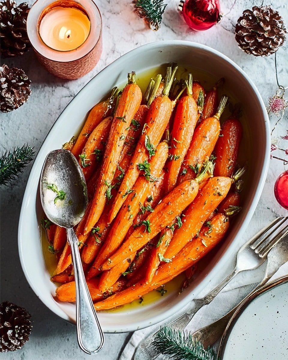 The image shows a white oval dish filled with neatly arranged cooked whole baby carrots, with their green tops partially removed, lying side by side. The carrots are bright orange and glistening with a light coating of oil or butter, sprinkled with finely chopped green herbs and black pepper for texture and color contrast. A silver serving spoon and fork rest inside the dish on opposite sides. The dish is placed on a white marbled surface and is surrounded by cozy candlelight and small festive decorations like red string and pine cones. Photo taken with an iphone --ar 4:5 --v 7