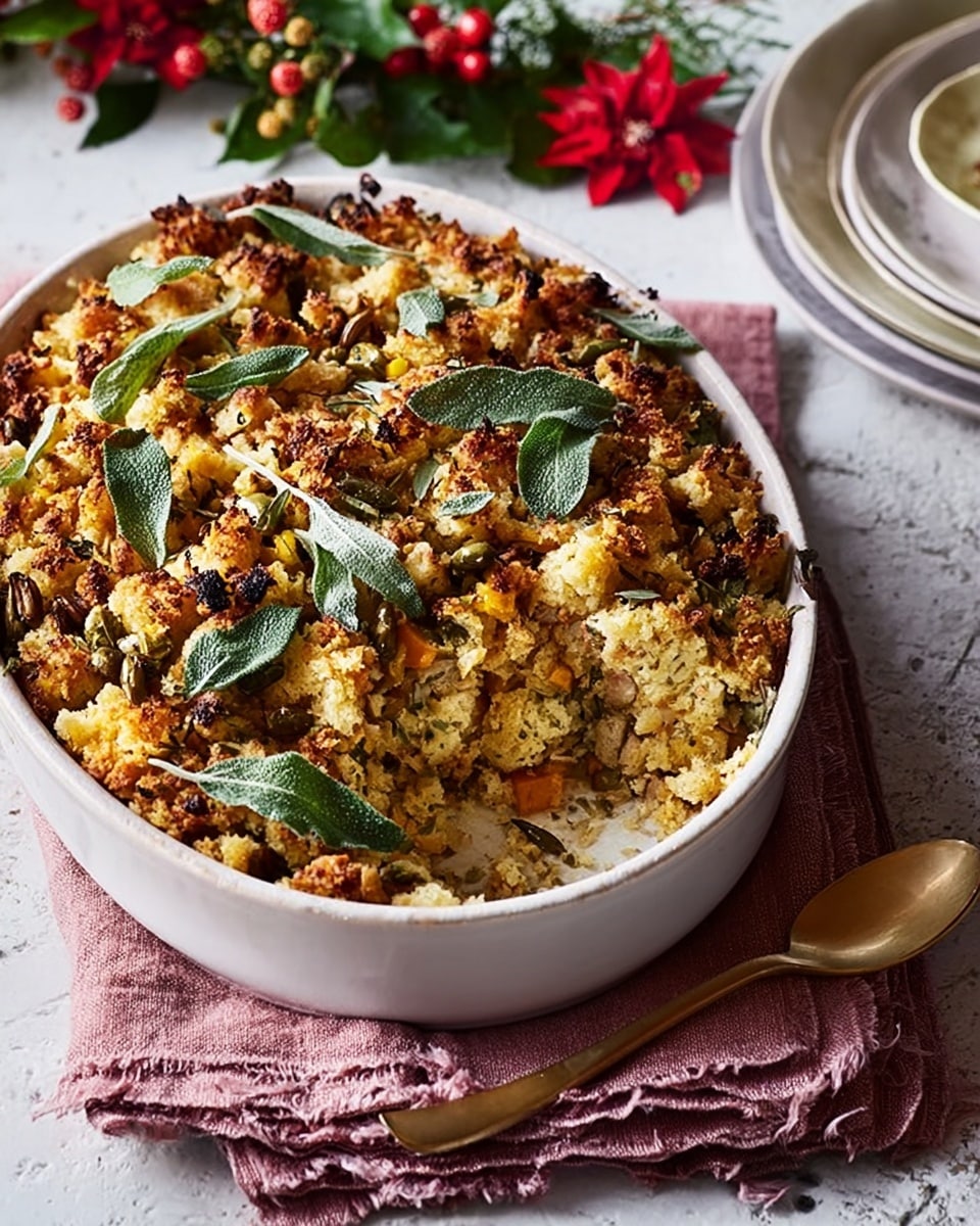 The image shows a white oval ceramic baking dish filled with a baked stuffing that has a golden brown top with herb leaves scattered on it. The stuffing inside is mixed with chunks of light and slightly green ingredients, indicating herbs and possibly vegetables. The dish is placed on a folded muted red cloth on a white marbled surface. To the left of the dish, a golden spoon and fork rest on the cloth. In the background, there are festive decorations with red and green colors. Photo taken with an iphone --ar 4:5 --v 7