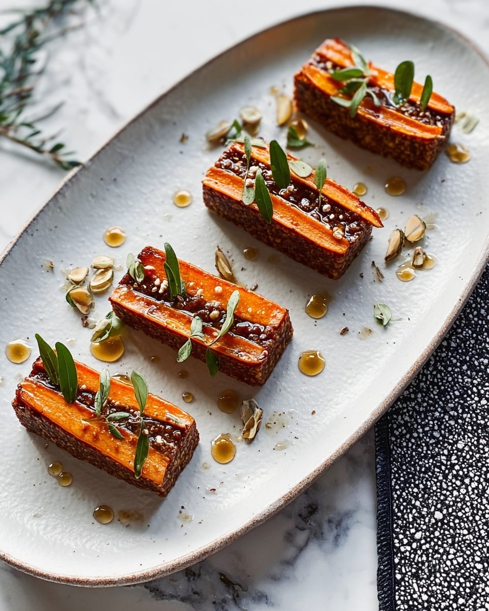 The image shows four rectangular veggie loaf pieces arranged on a white plate. Each piece has a dark brown, textured base with visible bits of mushrooms and grains. The top layer is made of thin, orange carrot strips neatly lined up, giving a smooth and slightly shiny look. Small green herb leaves are placed on top of each loaf, adding a fresh touch. Light droplets of sauce are scattered on and around the loaves. The background is a white marbled texture with a sprig of green leaves and red berries placed on the right side. Photo taken with an iphone --ar 4:5 --v 7