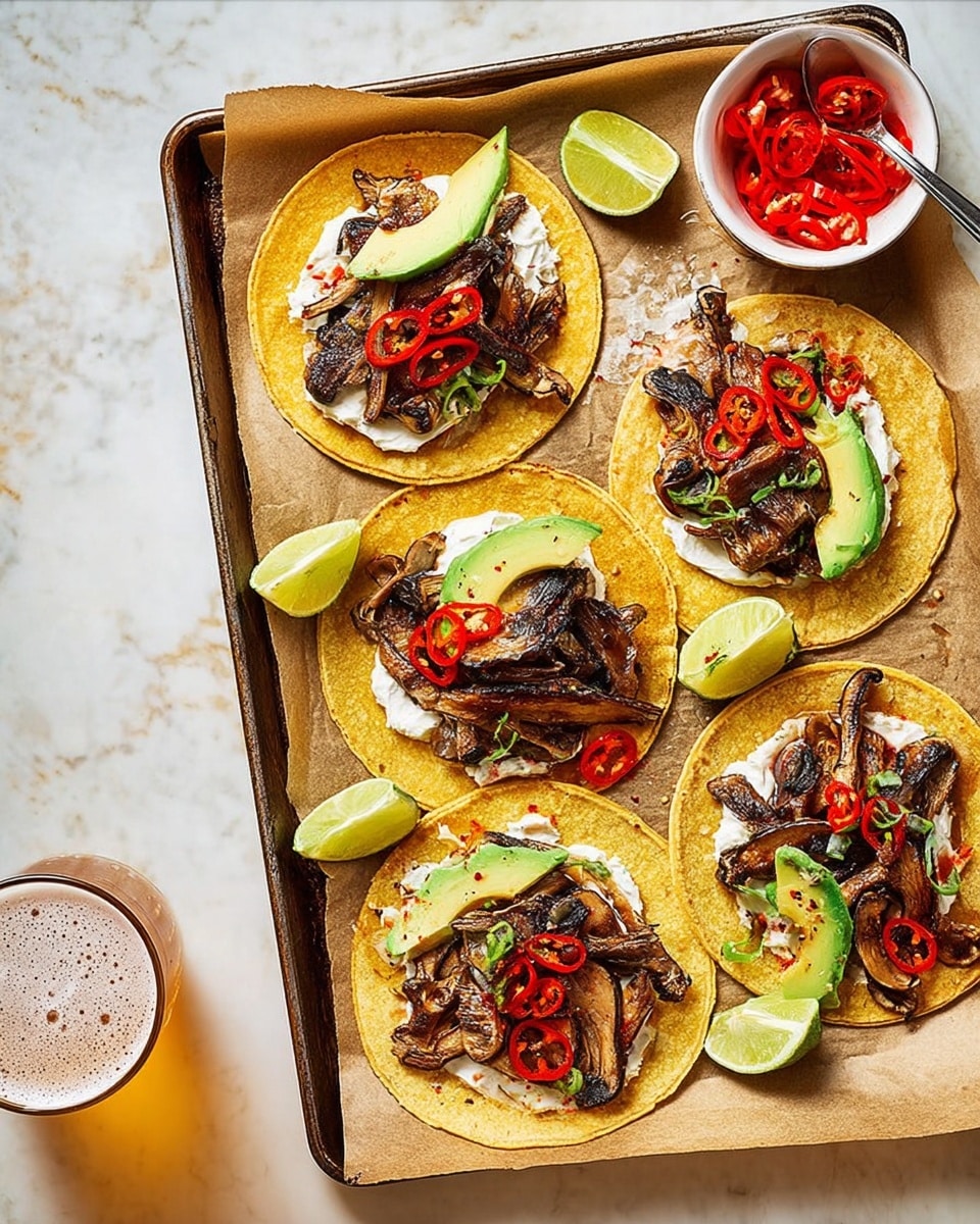 The image shows six tacos on a tray lined with brown paper. Each taco has three layers: a yellow corn tortilla at the bottom, a white creamy sauce spread evenly on the tortilla, and a mix of dark grilled mushrooms and onions on top. Fresh, bright green avocado slices and thin red chili pepper rings decorate each taco, adding color contrast. Lime wedges are scattered around the tacos on the tray, along with a small white bowl filled with red chili slices and liquid, with a spoon inside. Part of a glass with a light brown beverage and foam is seen in the bottom left corner. The background is a white marbled texture. Photo taken with an iphone --ar 4:5 --v 7