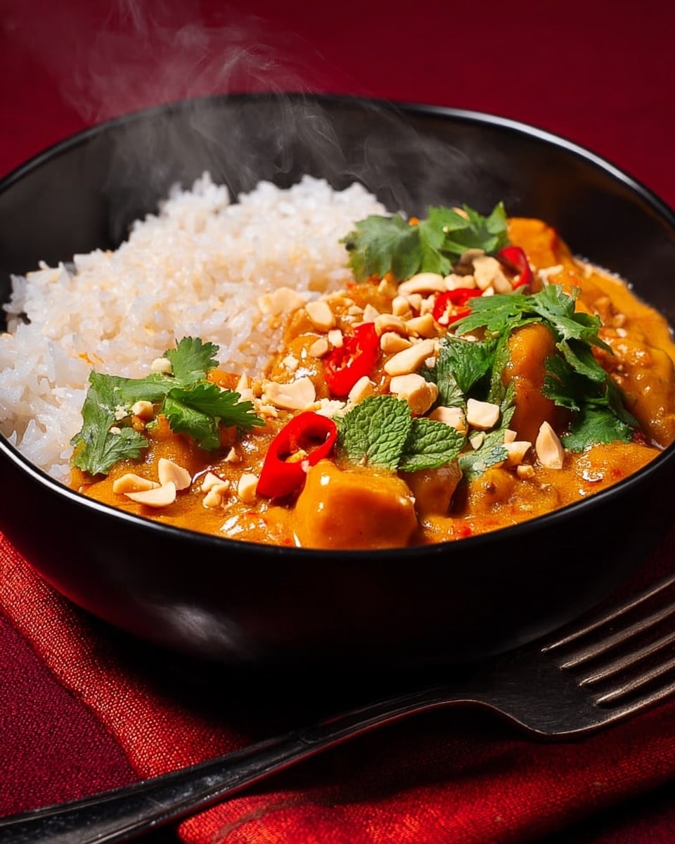 A black bowl filled halfway on one side with white steamed rice showing soft, fluffy grains, and on the other side, a thick orange curry with chunks of tofu or paneer, garnished with small chopped peanuts, bright red chili slices, and fresh green cilantro leaves on top. The curry looks creamy and rich, with some steam rising above the bowl, indicating it is hot. The bowl sits on a dark red cloth with a silver fork nearby, and the background is a white marbled texture. photo taken with an iphone --ar 4:5 --v 7