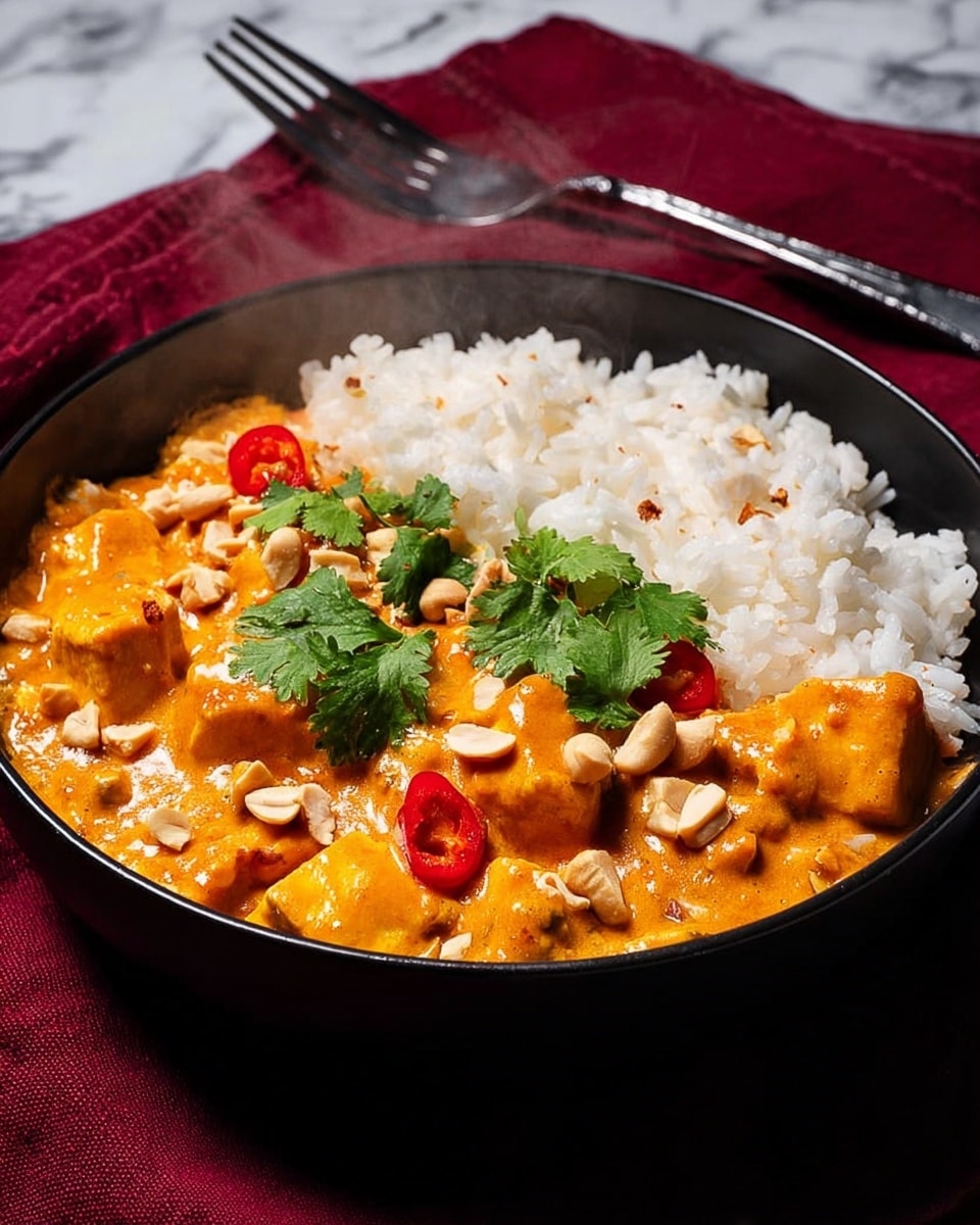 A close-up of a black bowl with white rice on one side and bright orange curry with large chunks on the other side, topped with chopped peanuts, red chili slices, and fresh green cilantro leaves. Steam rises gently from the warm curry. The bowl sits on a red cloth with a shiny metal fork nearby, all set against a dark red background. photo taken with an iphone --ar 4:5 --v 7