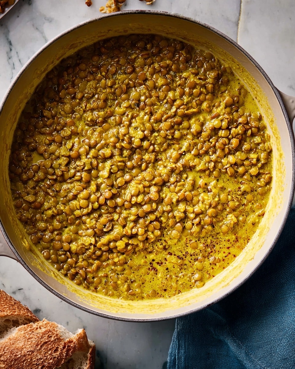 A close-up of a large white pot filled with cooked green lentils mixed in a creamy yellowish sauce with visible small spices, giving a thick texture. The lentils cover the entire pot evenly, showing some clumps and chunks, indicating a dense consistency. The pot handle is on the left side, sitting on a white marbled surface next to a folded blue cloth on the right and a piece of bread in the lower left corner. Photo taken with an iphone --ar 4:5 --v 7