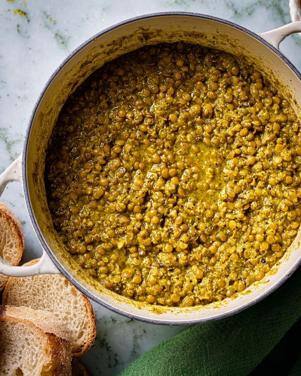 A close-up view of a white, round cooking pot filled with cooked green lentils mixed in a thick yellowish-green sauce, showing a slightly creamy and grainy texture with some visible spices. The pot is positioned on a white marbled surface with a green cloth partially visible on the right side and slices of bread in the bottom left corner. The lentils cover the entire inside bottom of the pot, with some stirred clumps in the center, creating gentle peaks and valleys. Photo taken with an iphone --ar 4:5 --v 7