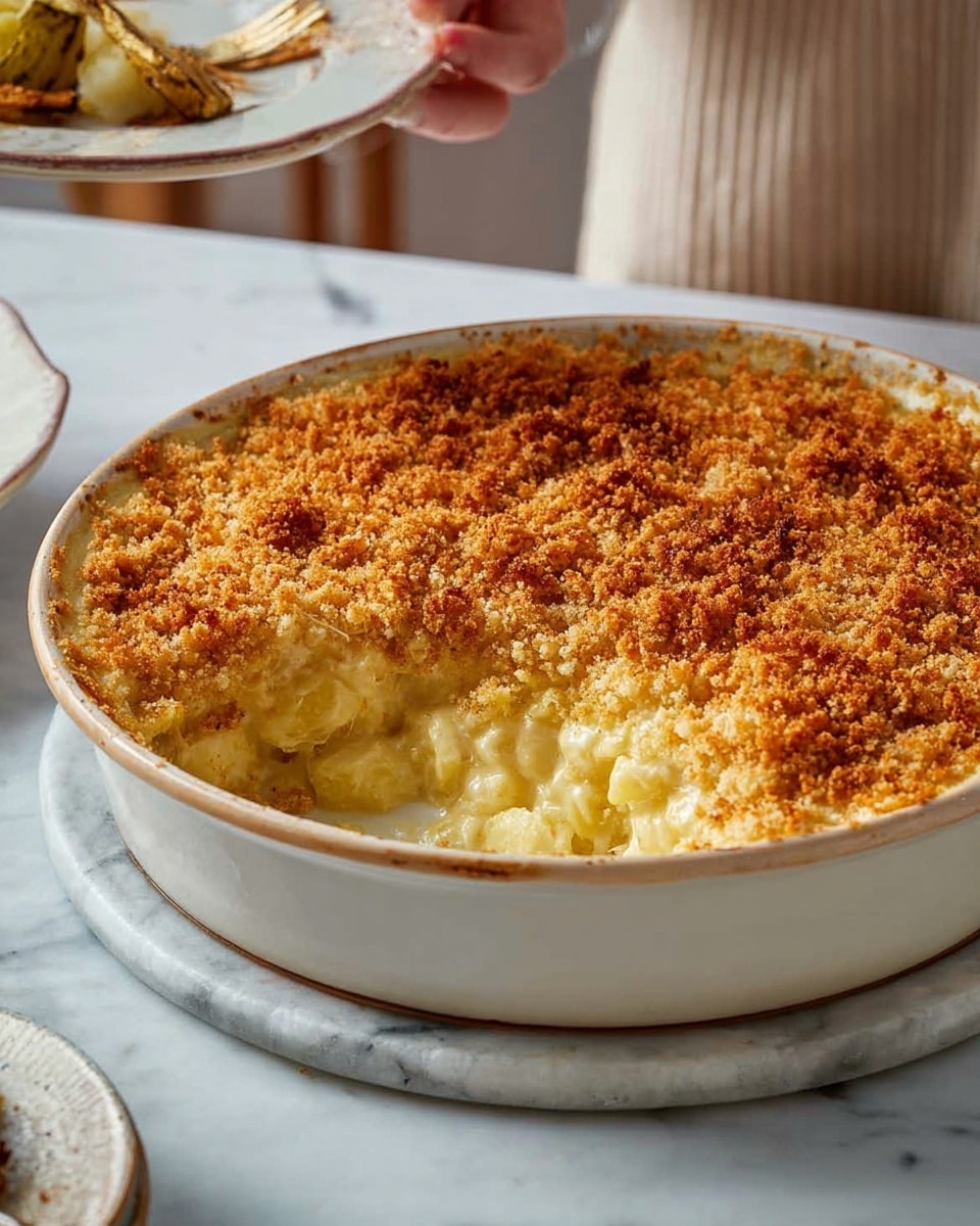 A round white ceramic dish holds a baked casserole with two main layers visible: the bottom layer is a creamy, pale yellow mixture with small chunks, likely vegetables or pasta, and the top layer is a thick, golden-brown breadcrumb crust that looks crunchy and slightly uneven. One section of the crumb topping is missing, revealing the creamy layer underneath. A woman's hand is holding a white plate above the dish, while the surface underneath the casserole is covered with a white marbled texture. photo taken with an iphone --ar 4:5 --v 7