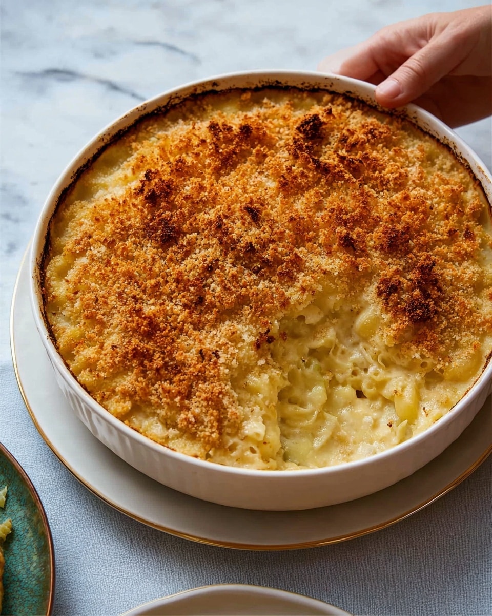 A round white ceramic baking dish contains a creamy layered casserole with two main visible layers: the bottom layer is a pale yellow creamy mixture with soft chunks, and the top layer is a thick, golden brown crumb crust that is crisp and uneven in texture, covering most of the dish except for a portion where the crust is scooped out, revealing the smooth creamy base underneath. In the background, a woman's hand is holding a white plate with food above the dish. The scene is set on a white marbled surface. photo taken with an iphone --ar 4:5 --v 7