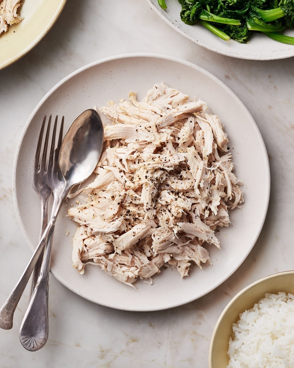 The image shows a shallow, round white plate filled with shredded cooked chicken seasoned with black pepper, covering the entire plate in thin, uneven strips of pale pink and white meat with a soft texture. On the left side of the plate lies a metal fork and spoon crossed over each other with a slightly worn surface. Surrounding the main plate, partially visible on the right edge, there is a white plate holding bright green cooked leafy vegetables, and below it, a white bowl filled with fluffy white rice. All dishes are placed on a white marbled textured surface. Photo taken with an iphone --ar 4:5 --v 7