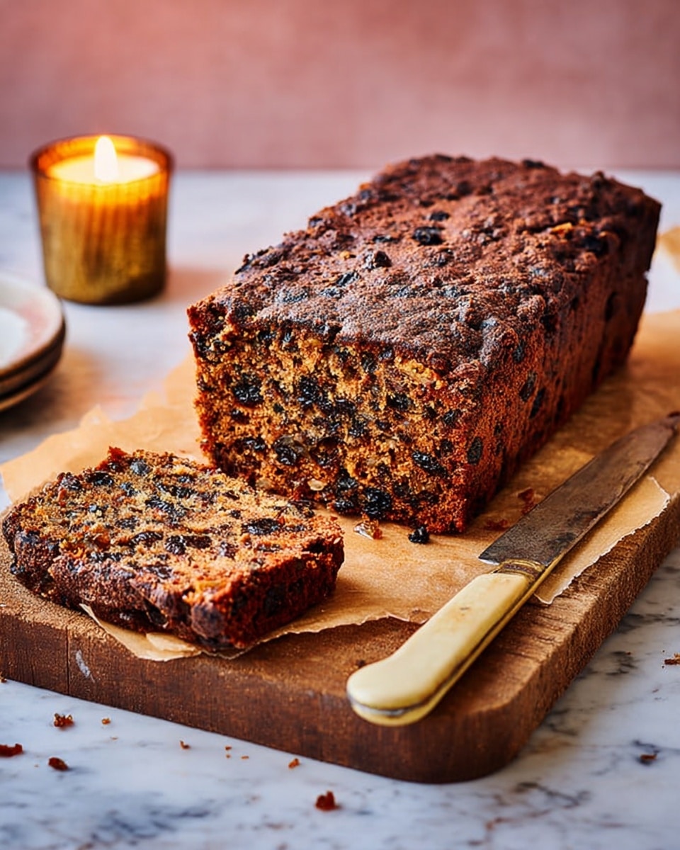 A rectangular loaf of dark brown fruitcake sits on a wooden board lined with parchment paper, with one thick slice cut and placed in front of the loaf showing a dense, moist texture filled with small bits of dark fruit throughout. The cake's crust is darker and slightly rough, with a few cracks on top. To the right is a knife with a light wooden handle resting on the board. In the background, there is a small lit candle in a round, gold-colored holder. The surface beneath the board is a white marbled texture. photo taken with an iphone --ar 4:5 --v 7