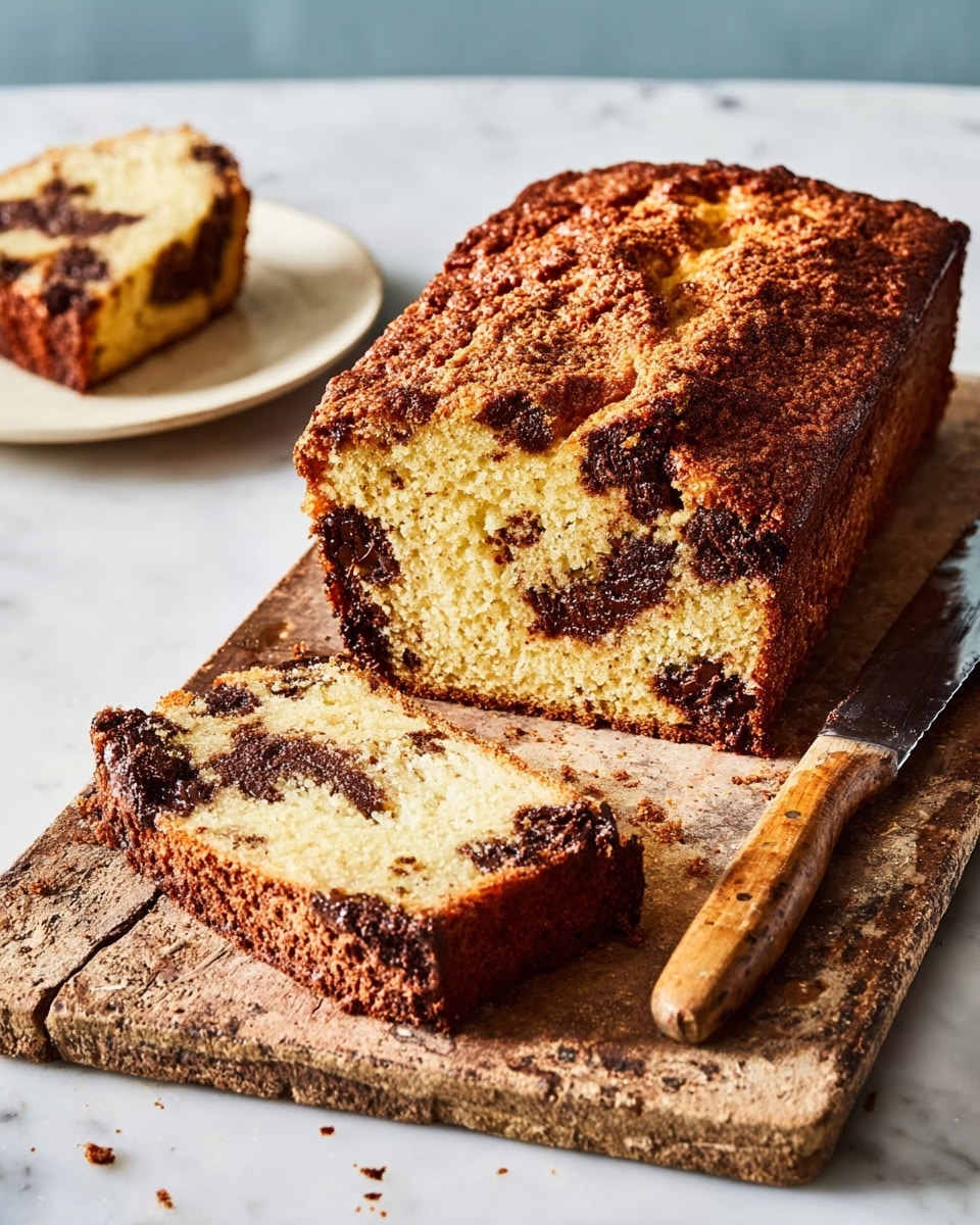 A loaf of golden-brown cake with a rough, crispy top sits on a worn wooden cutting board on a white marbled surface, with a sharp knife with a wooden handle placed beside it. The cake has been sliced once, showing a soft, light yellow inside filled with dark chocolate chunks scattered evenly throughout both the whole loaf and the cut slice resting in front. In the background, a single slice of the same cake is on a white plate, which is partly visible and placed on the white marbled surface. photo taken with an iphone --ar 4:5 --v 7