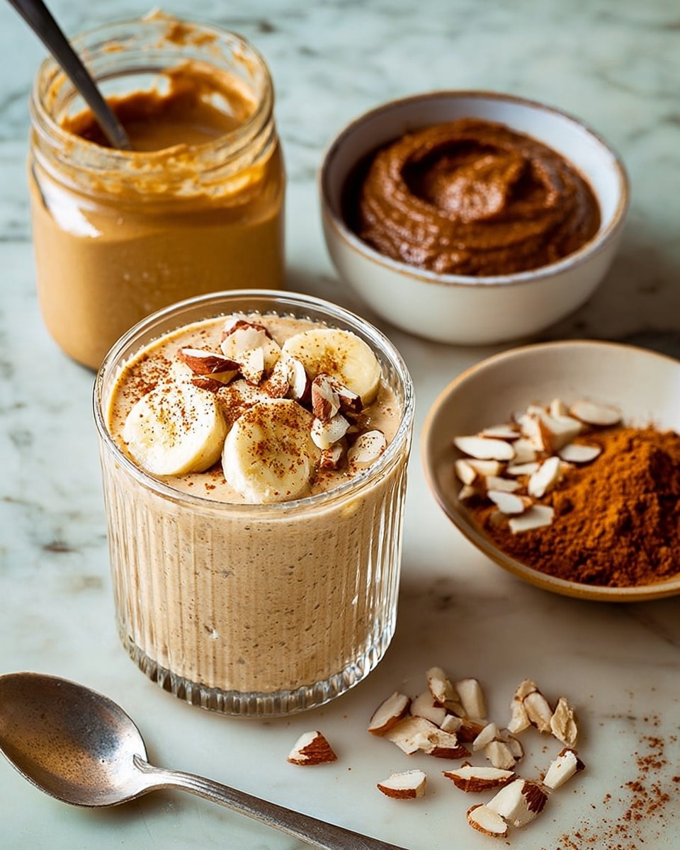 The image shows a creamy beige smoothie in a clear glass cup with slices of light yellow banana and dark brown dollops on top, sprinkled with chopped light tan and brown nuts and a dusting of brown powder. Behind it is a large glass jar partly filled with a similar beige mixture, with a metal spoon inside. To the right, on a white plate with a rustic brown rim, there is a white bowl filled with finely ground brown powder, surrounded by scattered chopped nuts. Next to this plate is another white bowl holding a dark brown paste with a spoon inside. The background is a white marbled texture, and a silver spoon and a glass cup are placed nearby. photo taken with an iphone --ar 4:5 --v 7