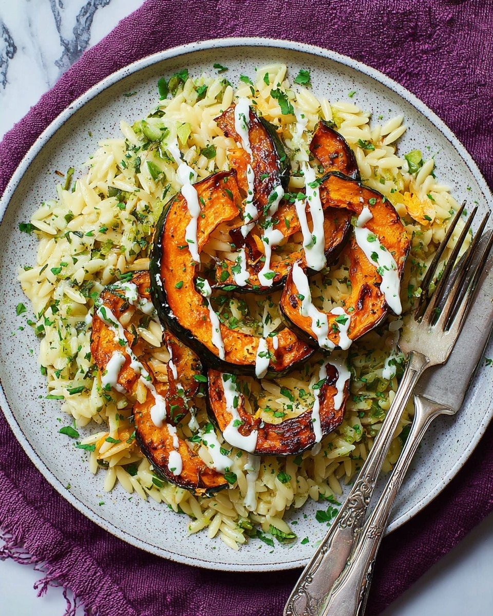 A round white plate holds a dish with two layers. The bottom layer is light yellow orzo pasta mixed with small pieces of green herbs, giving it a soft and slightly shiny texture. The top layer consists of several thick, curved slices of roasted orange pumpkin, with browned edges showing a crispy texture. White creamy sauce is drizzled across the pumpkin slices in thin lines. Finely chopped green herbs are sprinkled over the entire dish. A silver fork and knife sit on the plate edges. The plate is placed on a purple cloth with a white marbled surface underneath. photo taken with an iphone --ar 4:5 --v 7