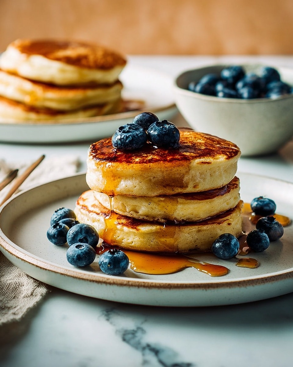 A stack of three thick, golden-brown pancakes sits in the center of a white plate, each pancake fluffy with a lightly browned, slightly uneven texture. A generous drizzle of golden syrup cascades down the sides, pooling around the base. On top of the stack, a small pile of fresh, plump blueberries adds a deep blue color contrast, with a few more scattered around the plate. In the background, another white plate holds two more browned pancakes, all set on a white marbled surface. photo taken with an iphone --ar 4:5 --v 7