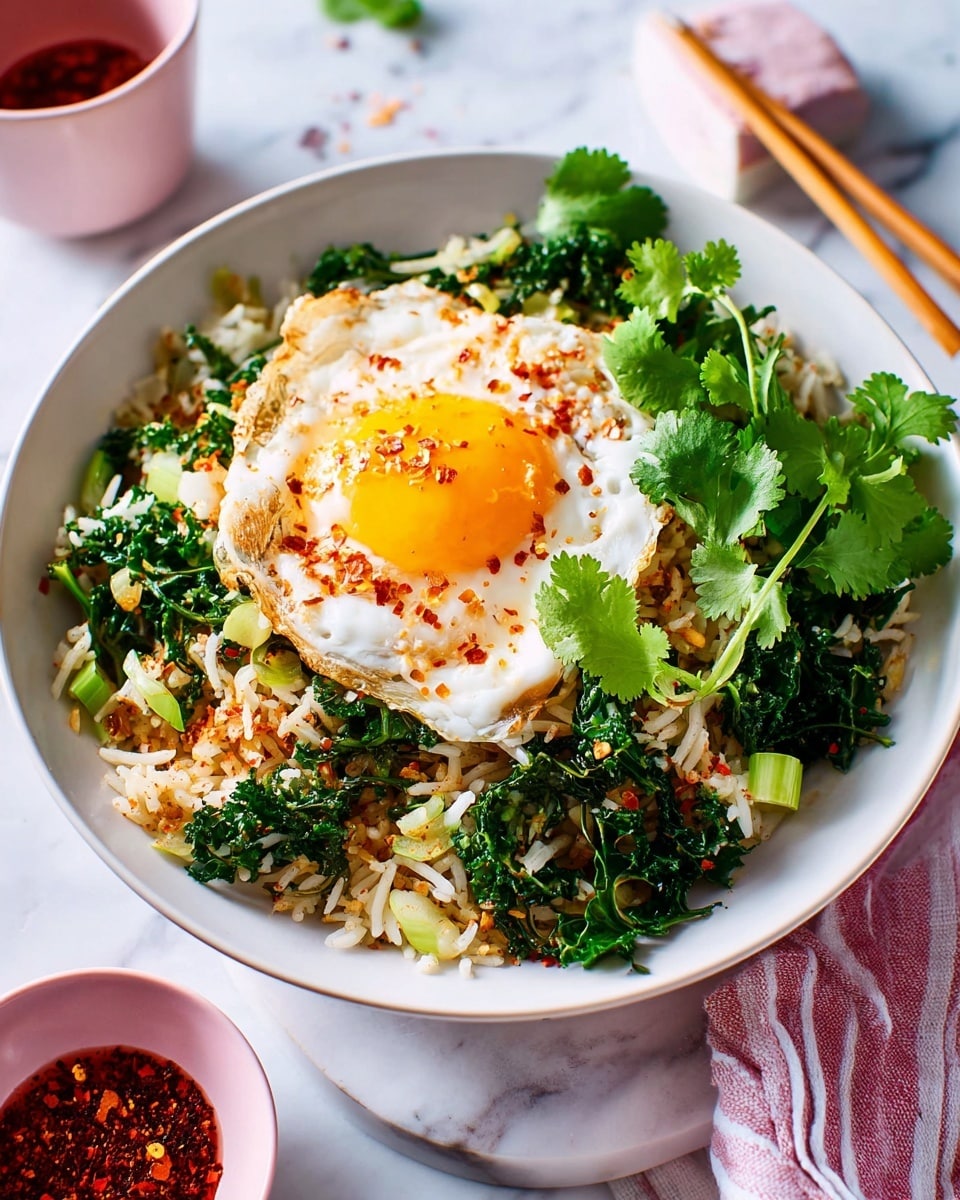 A white bowl holds a dish with three main layers: the bottom layer is light brown cooked rice mixed with green leafy kale and light green vegetable pieces; on top of this sits a bright sunny-side-up fried egg with a slightly runny orange yolk spilling onto the rice; the dish is garnished with green cilantro leaves scattered across the top. Around the bowl are small pink bowls, one containing a reddish seasoning, and the setting has a white marbled surface in the background. Photo taken with an iphone --ar 4:5 --v 7