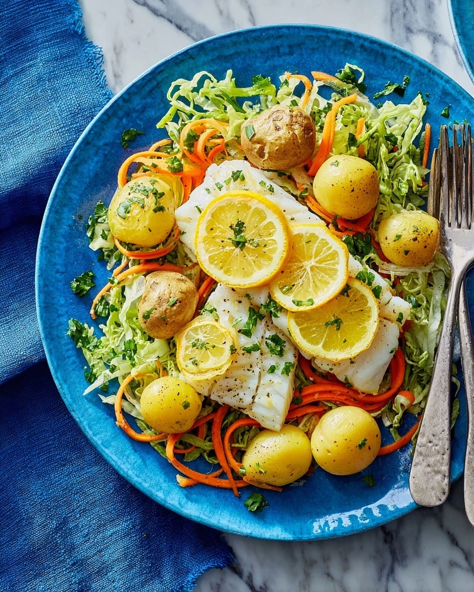 The image shows a white plate filled with three main layers: the bottom layer is a mix of shredded green lettuce and thin orange carrot strips, the middle layer has two pieces of white cooked fish topped with three thin, round, grilled lemon slices each, and the top layer consists of several small, halved yellow potatoes scattered around the fish and vegetables, all sprinkled with chopped green herbs and black pepper. The plate is placed on a white marbled surface with a folded blue and white checkered cloth beside it, and a silver fork and knife rest near the plate. Photo taken with an iphone --ar 4:5 --v 7