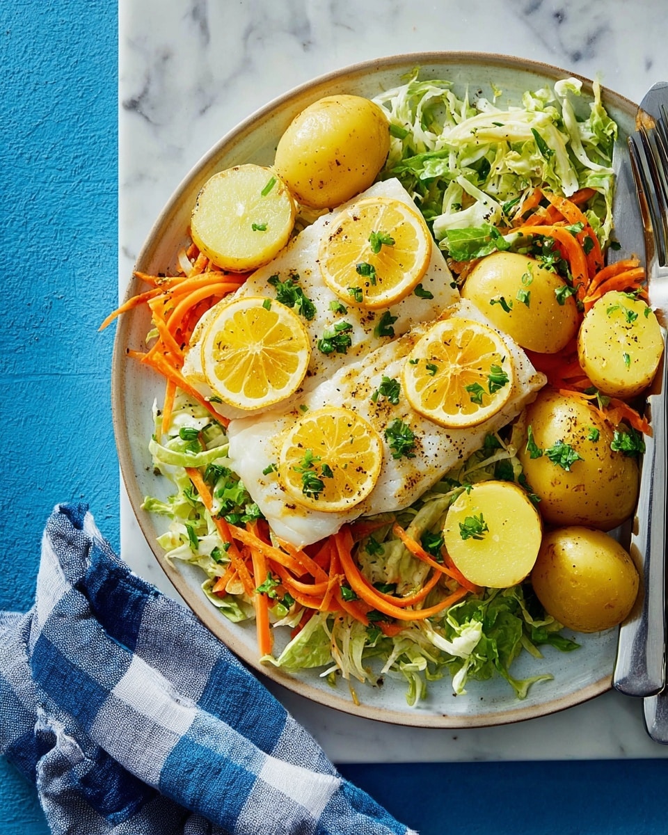 The image shows a blue plate filled with a colorful dish placed on a white marbled surface with a blue cloth beside it. The dish has three main layers: the bottom layer is made of shredded green lettuce mixed with thin, curly orange carrot strips, providing a fresh, textured bed. On top of this, there are two white cooked fish fillets, each topped with three thin, yellow grilled lemon slices that have light browning and a sprinkle of green herbs. Scattered around and on top of the fish are small halved yellow potatoes, also sprinkled with herbs and black pepper. Two silver forks rest on the right side of the plate. photo taken with an iphone --ar 4:5 --v 7