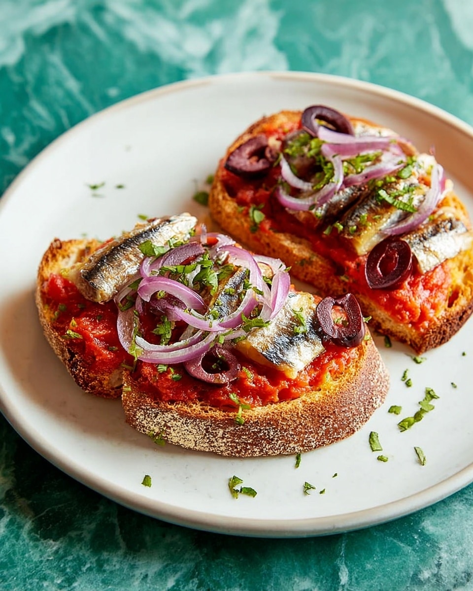 Two slices of toasted brown bread are placed side by side on a white plate with a slightly rough texture. Each slice has a base layer of bright red crushed tomato spread evenly across the surface. On top, there are several small pieces of silver sardines laid flat and garnished with thin, curved slices of purple-red onion. Dark purple black olive halves are scattered on the tomato base as well. Small bits of green herbs are sprinkled over the whole dish, adding a fresh touch. The plate is set on a white marbled surface, and there is a green cloth partially visible to the side. photo taken with an iphone --ar 4:5 --v 7