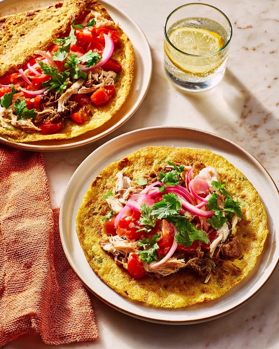 Two white plates each hold an open or folded flatbread with a warm golden-brown color and a textured surface. The flatbreads are topped with layers of shredded white chicken, small bright red tomato pieces, thin curled rings of purple onions, and scattered fresh green cilantro leaves. One flatbread is fully open, showing all the topping layers clearly, while the other is folded in half with the toppings partly visible. The plates sit on a soft light beige towel with a waffle weave pattern, and the background has a white marbled texture. A glass of water with a lemon slice rests near the plates. photo taken with an iphone --ar 4:5 --v 7