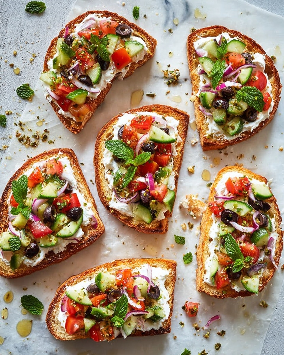 The image shows seven slices of toasted bread laid out on a white marbled surface covered partly with parchment paper. Each slice has three layers: the bottom layer is golden-brown toasted bread, the middle layer is thick white cream spread evenly, and the top layer is a colorful mix of diced green cucumber, red tomato, black olive slices, thin purple onion strips, and small green herb leaves scattered on top, creating a fresh and vibrant look. Tiny drops of cream and small pieces of vegetables are also scattered around the slices. photo taken with an iphone --ar 4:5 --v 7