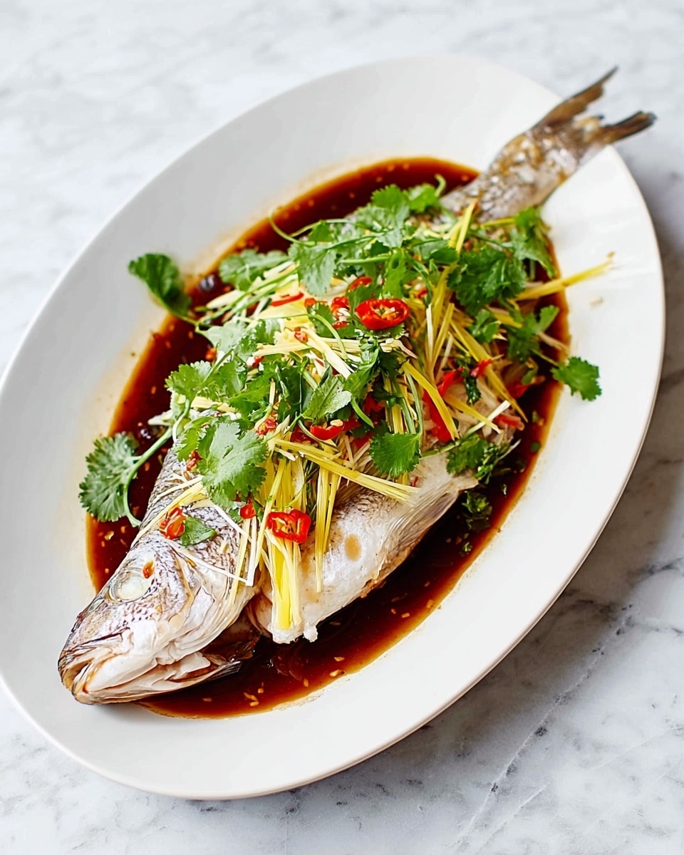 A whole cooked fish lies on an oval white plate, covered with a dark brown sauce pooling around it. On top of the fish, there are thin slices of yellow ginger, green onions cut into thin strips, and scattered fresh green cilantro leaves. The fish skin looks light beige with some crisp areas, while the sauce looks glossy and rich. The plate sits on a white marbled surface. photo taken with an iphone --ar 4:5 --v 7