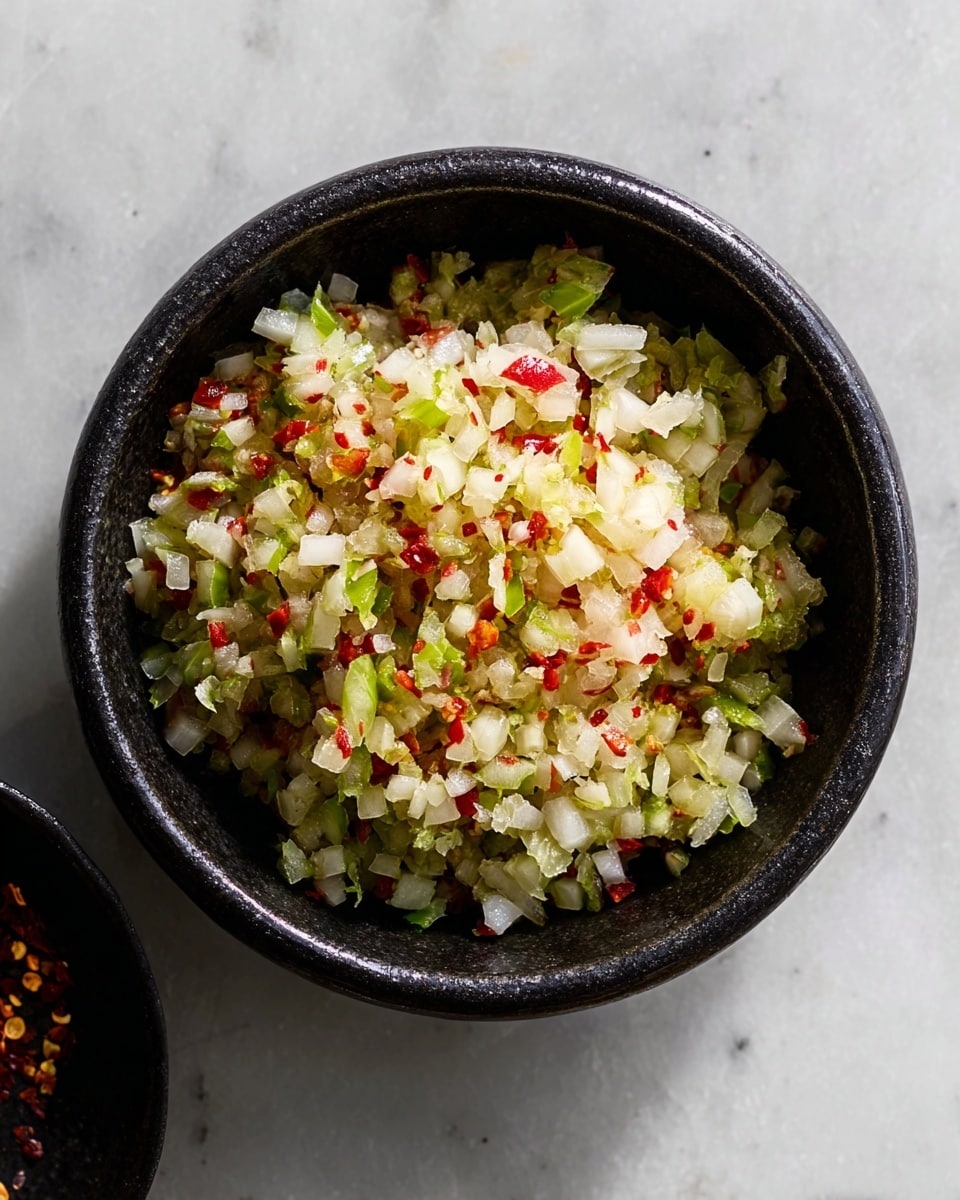 A round black bowl filled with a colorful mixture of finely chopped ingredients, including white onions, green celery, and small red chili pieces, creating a vibrant, slightly chunky texture. The bowl sits on a white marbled surface, with some small bits of the mixture slightly scattered around the bowl edges, adding a natural touch. Photo taken with an iphone --ar 4:5 --v 7