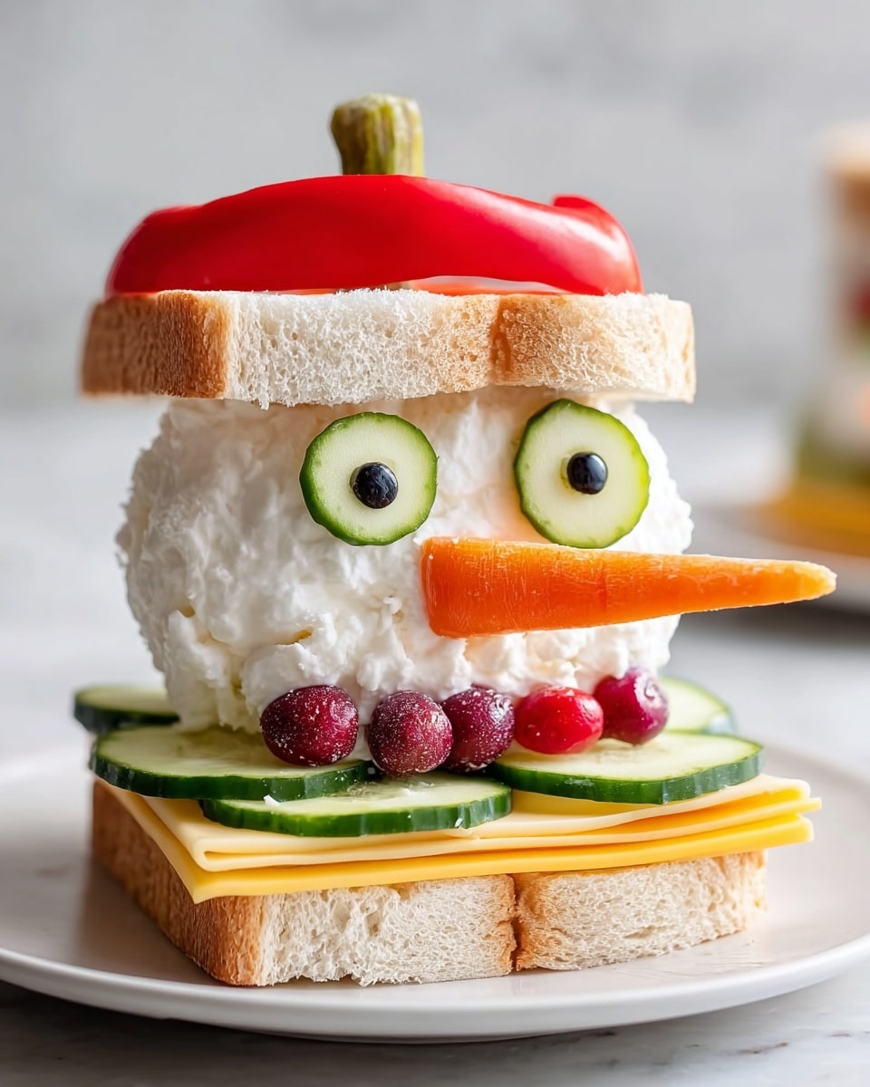 A sandwich shaped like a snowman with three layers of white bread. The bottom layer has cucumber slices and yellow cheese on top of the bread. The middle layer has a thick white creamy filling with slices of tomato peeking out on the sides. The top layer is another slice of bread holding the creamy layer, decorated to look like a snowman's face, with two cucumber slices and black olives as eyes, a whole carrot piece as a carrot nose sticking out, and small red berries arranged as a smiling mouth. On top of the sandwich is a red spoon holding small pieces of green and orange vegetables as a hat. The sandwich sits on a white plate on a white marble surface. photo taken with an iphone --ar 4:5 --v 7