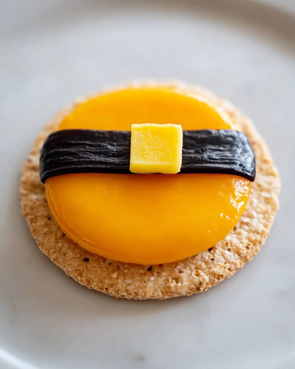 A single round cracker forms the base layer, light beige with a slightly rough texture. On top, there is a smooth, bright orange circle of cheese, almost covering the cracker completely. Across the middle of the cheese, a black strip resembling a belt is placed, and in the center of this strip, a small square of yellow cheese acts like a buckle. All items are arranged neatly on a plain white plate, set on a white marbled surface. photo taken with an iphone --ar 4:5 --v 7